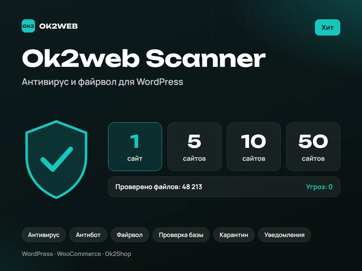 Ok2web Scanner — антивирус для WordPress на 1, 5, 10 или 50 сайтов